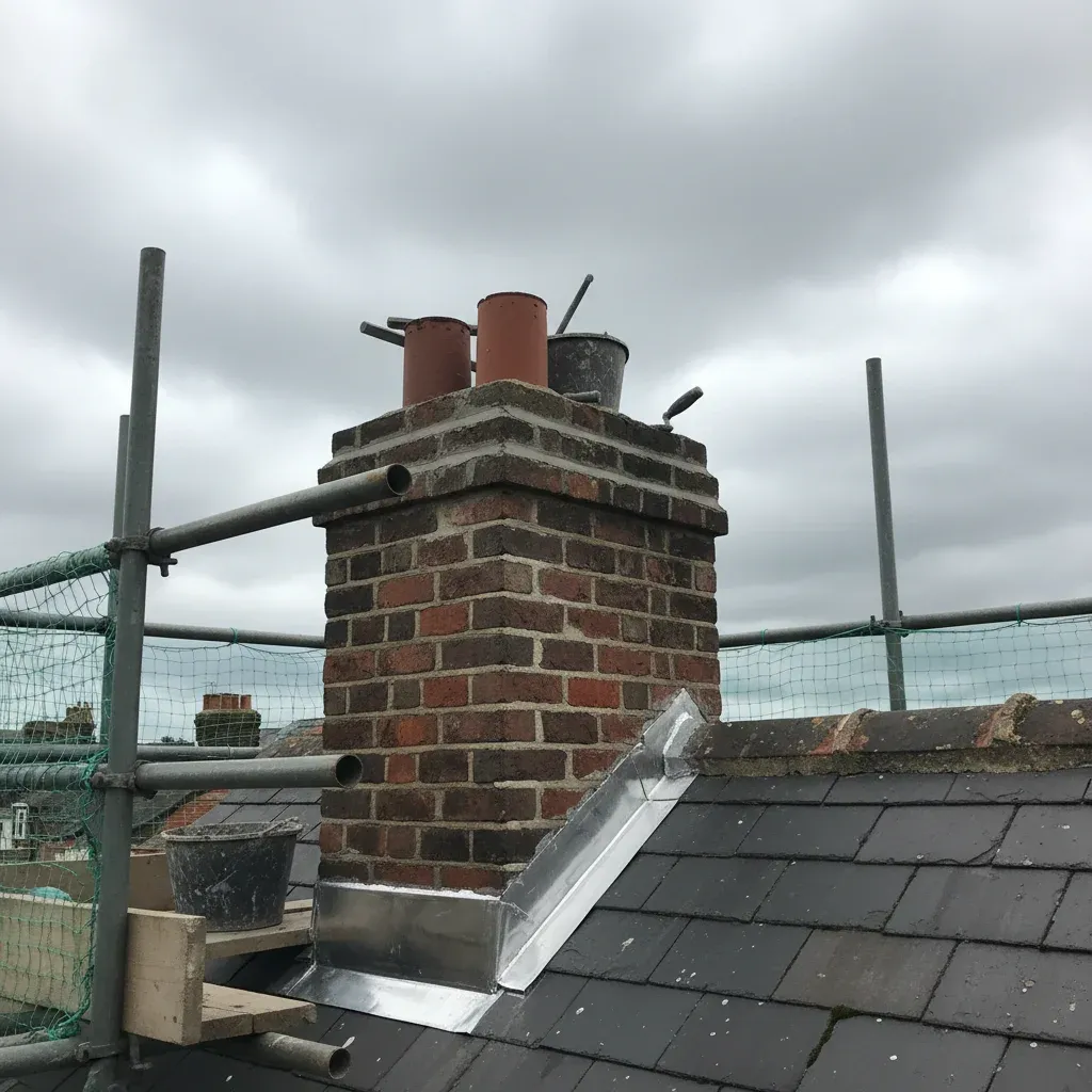 Chimney stack being repointed with fresh mortar and lead flashing