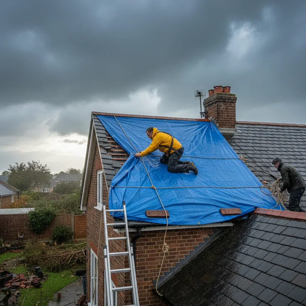 Emergency tarpaulin repair on a storm-damaged roof