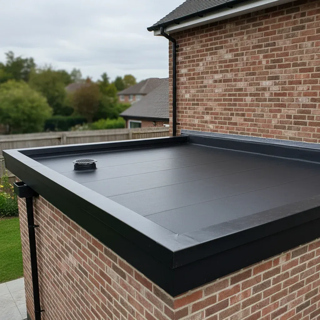 Completed EPDM rubber flat roof on a house extension
