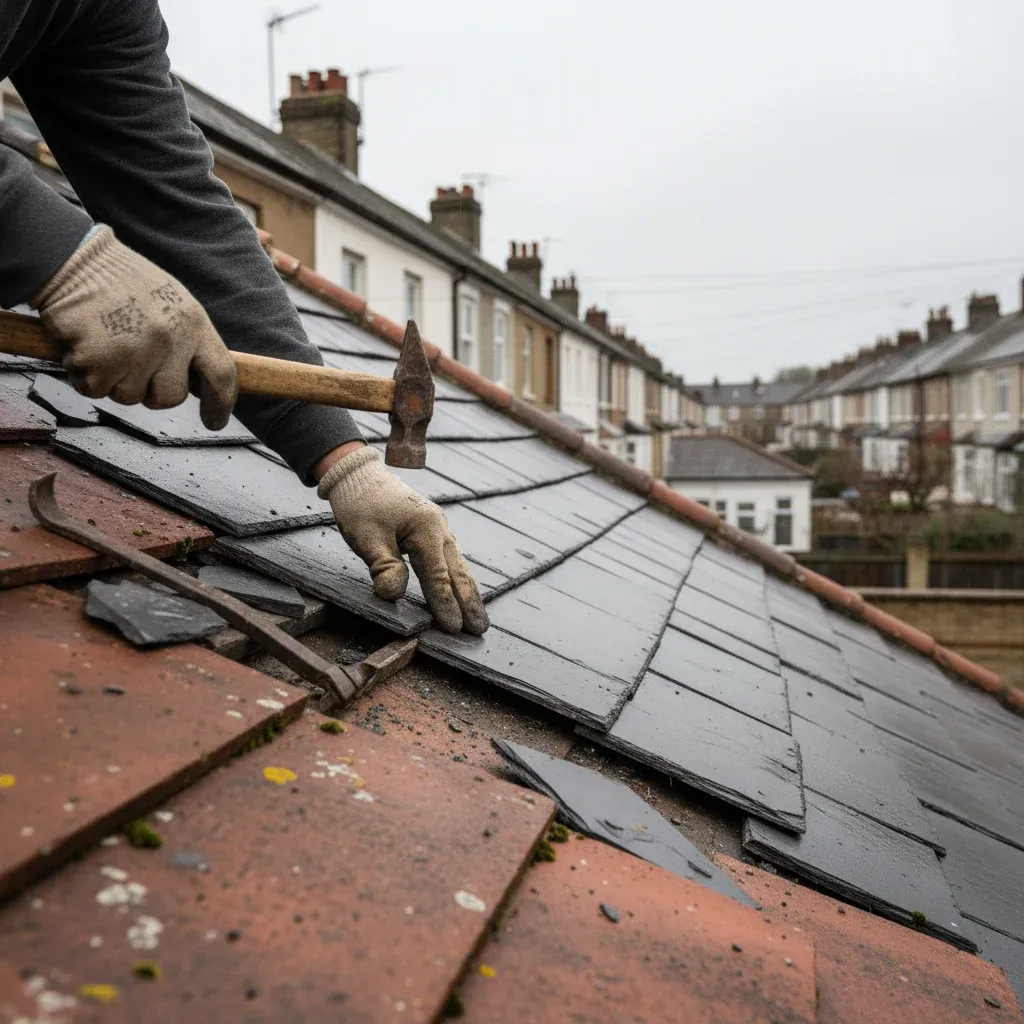 Roofer replacing broken tiles on a North London terraced house